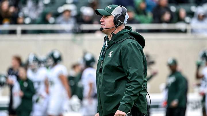 Michigan State's head coach Pat Fitzgerald looks on during the football Spring Showcase on Saturday, April 18, 2026, at Spartan Stadium in East Lansing. Michigan State's head coach Pat Fitzgerald looks on during the football Spring Showcase on Saturday, April 18, 2026, at Spartan Stadium in East Lansing.