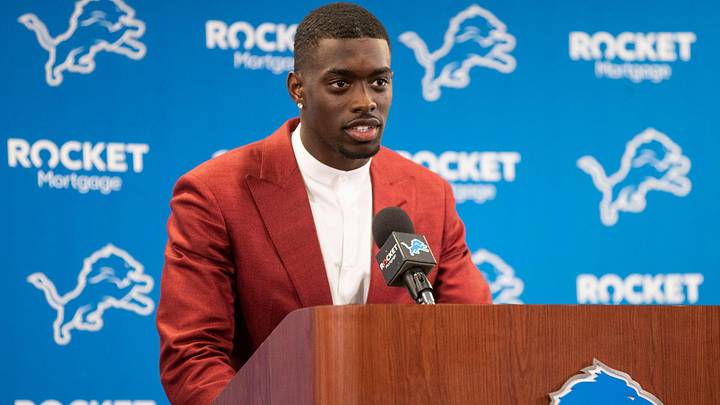 Lions first-round NFL draft pick Terrion Arnold speaks at the introductory press conference at Detroit Lions headquarters and training facility in Allen Park on Friday, April 26, 2024.