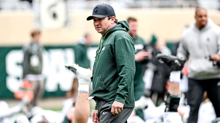 Michigan State's head coach Jonathan Smith looks on during the Spring Showcase on Saturday, April 20, 2024, at Spartan Stadium in East Lansing.