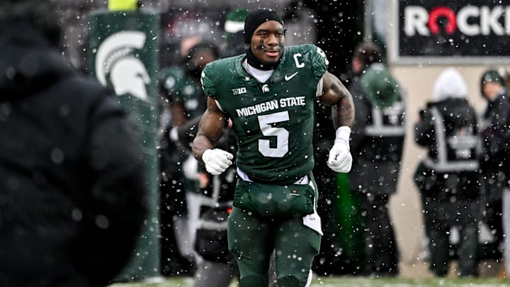 Michigan State's Nate Carter is recognized during the senior day celebration before the football game against Rutgers on Saturday, Nov. 30, 2024, at Spartan Stadium in East Lansing. Michigan State's Nate Carter is recognized during the senior day celebration before the football game against Rutgers on Saturday, Nov. 30, 2024, at Spartan Stadium in East Lansing.