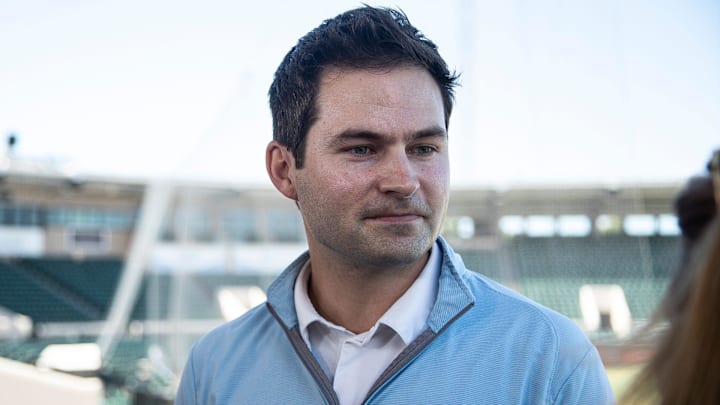 Detroit Tigers president of baseball operations Scott Harris speaks to media members during spring training at Joker Marchant Stadium in Lakeland, Fla. on Wednesday, Feb. 14, 2024