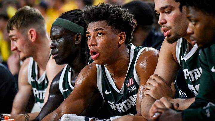 Michigan State's Jeremy Fears Jr. looks on during a break on the bench during the second half against Michigan on Sunday, March 8, 2026, at the Crisler Center in Ann Arbor. Michigan State's Jeremy Fears Jr. looks on during a break on the bench during the second half against Michigan on Sunday, March 8, 2026, at the Crisler Center in Ann Arbor.