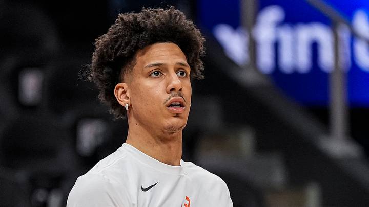 Atlanta Hawks forward Jalen Johnson (1) warms up on the court prior to the game against the Cleveland Cavaliers at State Farm Arena on April 10, 2026 Atlanta Hawks forward Jalen Johnson (1) warms up on the court prior to the game against the Cleveland Cavaliers at State Farm Arena on April 10, 2026