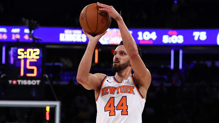 Oct 9, 2024; New York, New York, USA; New York Knicks guard Landry Shamet (44) shoots the ball during the second half against the Washington Wizards at Madison Square Garden. Mandatory Credit: Vincent Carchietta-Imagn Images