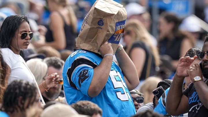Carolina Panthers fan reacts during the second half against the Los Angeles Chargers at Bank of America Stadium.