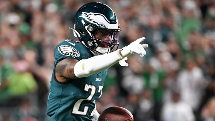 Sep 4, 2025; Philadelphia, Pennsylvania, USA; Philadelphia Eagles cornerback Quinyon Mitchell (27) reacts after a fumble recovery against the Dallas Cowboys during the third quarter of the game at Lincoln Financial Field. Mandatory Credit: Eric Hartline-Imagn Images