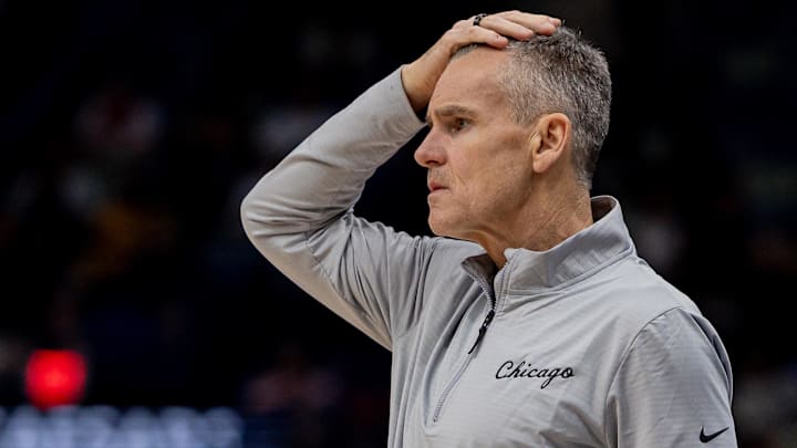 Nov 24, 2025; New Orleans, Louisiana, USA;  Chicago Bulls Head Coach Billy Donovan looks on against the New Orleans Pelicans during the second half at Smoothie King Center. Mandatory Credit: Stephen Lew-Imagn Images
