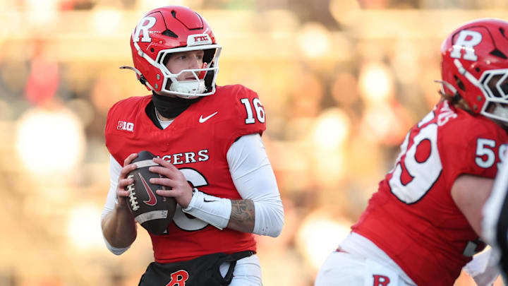 Nov 29, 2025; Piscataway, New Jersey, USA; Rutgers Scarlet Knights quarterback Athan Kaliakmanis (16) drops back to pass during the first half against the Penn State Nittany Lions at SHI Stadium. Mandatory Credit: Vincent Carchietta-Imagn Images