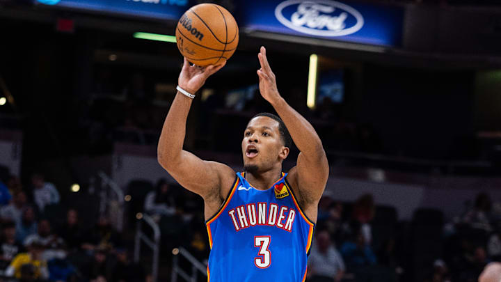 Oklahoma City Thunder guard Chris Youngblood (3) shoots the ball in the second half against the Indiana Pacers at Gainbridge Fieldhouse. Oklahoma City Thunder guard Chris Youngblood (3) shoots the ball in the second half against the Indiana Pacers at Gainbridge Fieldhouse.