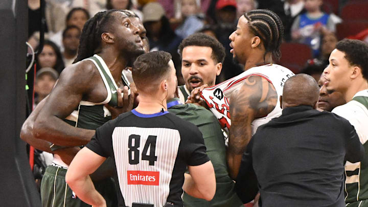 Oct 12, 2025; Chicago, Illinois, USA; Milwaukee Bucks forward Taurean Prince (12), left, and Chicago Bulls forward Dalen Terry (7), right, fight during the second half at the United Center. Mandatory Credit: Matt Marton-Imagn Images Oct 12, 2025; Chicago, Illinois, USA; Milwaukee Bucks forward Taurean Prince (12), left, and Chicago Bulls forward Dalen Terry (7), right, fight during the second half at the United Center. Mandatory Credit: Matt Marton-Imagn Images