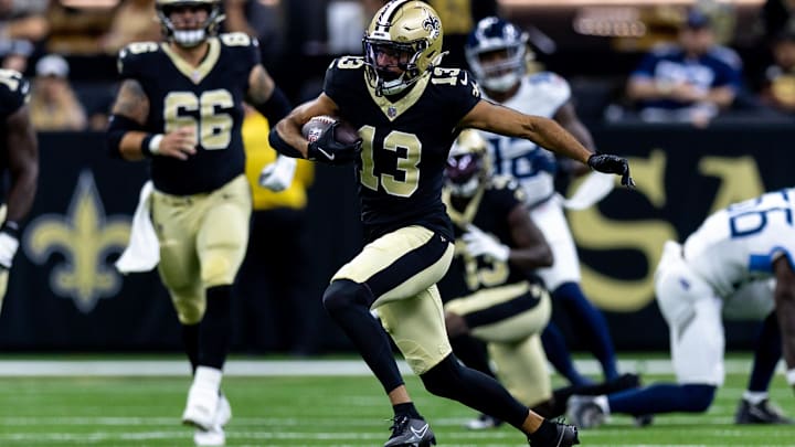 New Orleans Saints wide receiver Equanimeous St. Brown (13) runs after a catch against the Tennessee Titans New Orleans Saints wide receiver Equanimeous St. Brown (13) runs after a catch against the Tennessee Titans