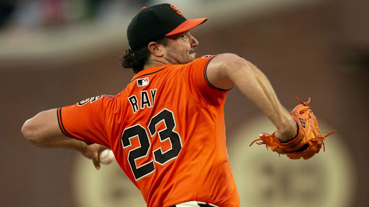 Aug 9, 2024; San Francisco, California, USA; San Francisco Giants starting pitcher Robbie Ray (23) delivers a pitch against the Detroit Tigers during the second inning at Oracle Park. D. Ross Cameron-Imagn Images