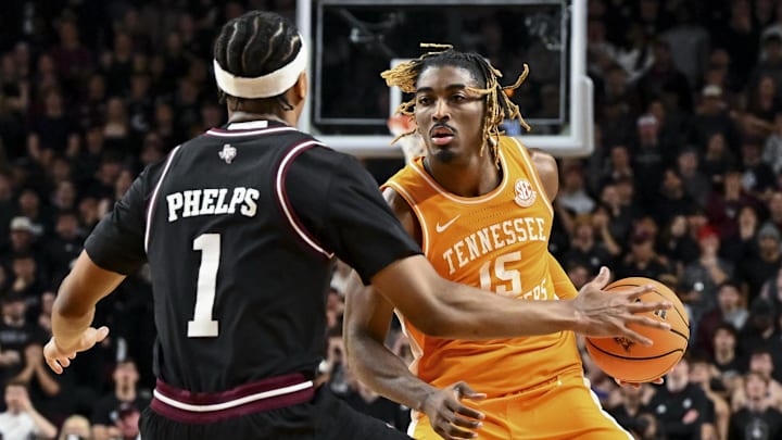 Feb 22, 2025; College Station, Texas, USA; Tennessee Volunteers guard Jahmai Mashack (15) dribbles the ball as Texas A&M Aggies guard Zhuric Phelps (1) defends during the second half at Reed Arena. Mandatory Credit: Maria Lysaker-Imagn Images 