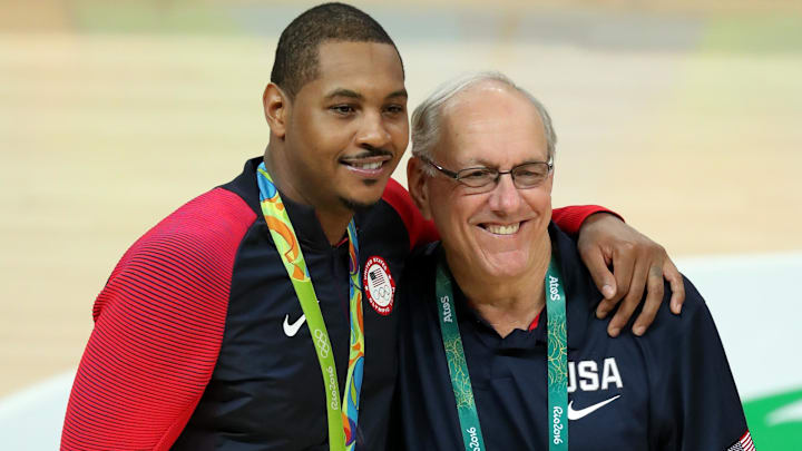 Aug 21, 2016; Rio de Janeiro, Brazil;  United States forward Carmelo Anthony (15) and USA coach Jim Boeheim take a photo after winning the gold medal in the men's basketball event during the Rio 2016 Summer Olympic Games at Carioca Arena 1. Mandatory Credit: Jason Getz-Imagn Images