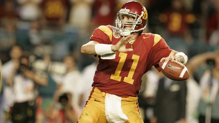 Jan 04, 2005; Miami, FL, USA; USC Trojans quarterback Matt Leinart in action during the 2005 Orange Bowl against the Oklahoma Sooners . Leinart, who threw 5 touchdowns, was named the game's MVP. Mandatory Credit: Photo by Matthew Emmons-Imagn Images (©) Copyright 2005 by Matthew Emmons