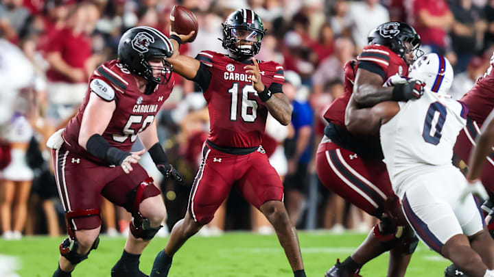 Sep 6, 2025; Columbia, South Carolina, USA; South Carolina Gamecocks quarterback LaNorris Sellers (16) passes against the South Carolina State Bulldogs in the second quarter at Williams-Brice Stadium. Mandatory Credit: Jeff Blake-Imagn Images