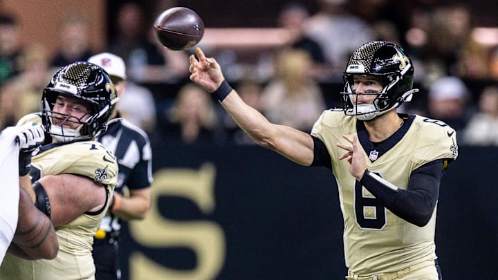 Dec 21, 2025; New Orleans, Louisiana, USA;  New Orleans Saints quarterback Tyler Shough (6) passes against the New York Jets during the first half  at Caesars Superdome. Mandatory Credit: Stephen Lew-Imagn Images