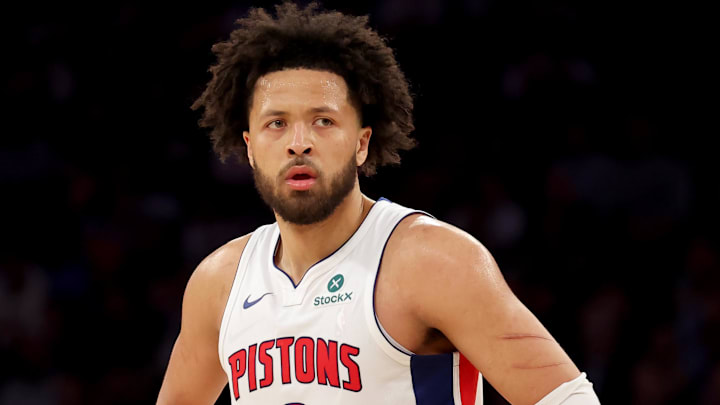 Apr 21, 2025; New York, New York, USA; Detroit Pistons guard Cade Cunningham (2) reacts during the third quarter of game two of the first round of the 2024 NBA Playoffs against the New York Knicks at Madison Square Garden. Mandatory Credit: Brad Penner-Imagn Images
