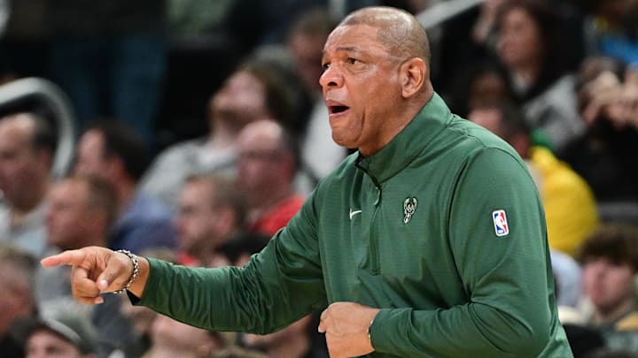 Mar 13, 2025; Milwaukee, Wisconsin, USA; Milwaukee Bucks head coach Doc Rivers calls a play in the fourth quarter against the Los Angeles Lakers at Fiserv Forum. Mandatory Credit: Benny Sieu-Imagn Images