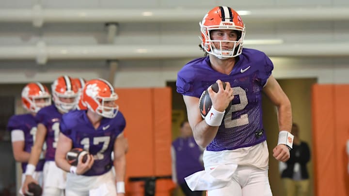 Clemson quarterback Cade Klubnik (2) during the football practice at the Allen N. Reeves Football Complex at Clemson University in Clemson, S.C. Monday, March 3, 2025.