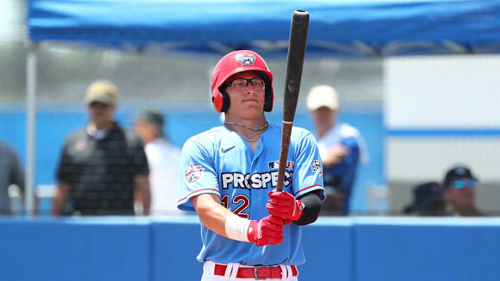 Jun 21, 2019; Bradenton, FL, USA; Team Howard outfielder Austin Hendrick (12) at bat during the eighth inning at IMG Academy. Mandatory Credit: Kim Klement-Imagn Images Jun 21, 2019; Bradenton, FL, USA; Team Howard outfielder Austin Hendrick (12) at bat during the eighth inning at IMG Academy. Mandatory Credit: Kim Klement-Imagn Images
