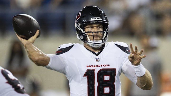 Aug 1, 2024; Canton, Ohio, USA; Houston Texans quarterback Case Keenum (18) throws the ball against the Chicago Bears during the second quarter at Tom Benson Hall of Fame Stadium. Mandatory Credit: Scott Galvin-Imagn Images Aug 1, 2024; Canton, Ohio, USA; Houston Texans quarterback Case Keenum (18) throws the ball against the Chicago Bears during the second quarter at Tom Benson Hall of Fame Stadium. Mandatory Credit: Scott Galvin-Imagn Images