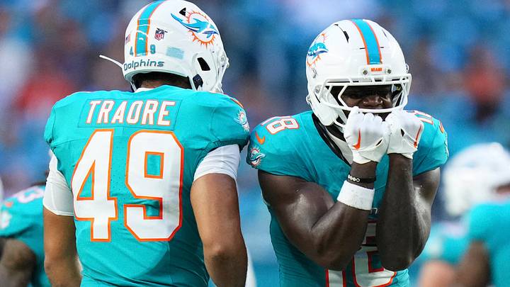 Miami Dolphins wide receiver Chris Bell (18) reacts after gaining yardage against the Atlanta Falcons during the first quarter of a preseason game at Hard Rock Stadium. Miami Dolphins wide receiver Chris Bell (18) reacts after gaining yardage against the Atlanta Falcons during the first quarter of a preseason game at Hard Rock Stadium.