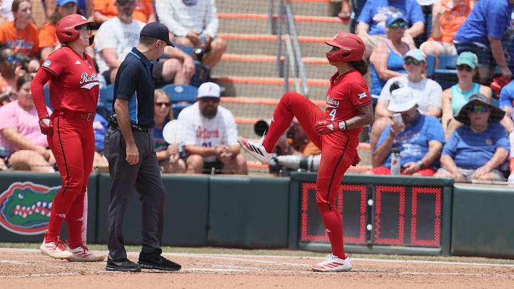 Texas Tech catcher Lagi Quiroga (4) celebrates a home run during the super regional game of the NCAA Division 1 softball championship at Katie Seashole Pressly Stadium in Gainesville, FL on Friday, May 22, 2026. [Alan Youngblood/Gainesville Sun]