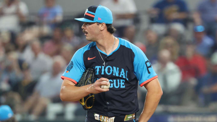 Jul 16, 2024; Arlington, Texas, USA; National League pitcher Paul Skenes of the Pittsburgh Pirates (30) looks on in the first inning against the American League during the 2024 MLB All-Star game at Globe Life Field. Mandatory Credit: Kevin Jairaj-USA TODAY Sports