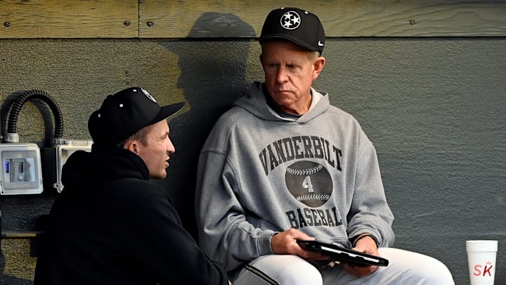 Vanderbilt baseball assistant coach Ty Blankmeyer talks with head coach Tim Corbin before NCAA college baseball fall intrasquad game at Hawkins Field Tuesday, Oct. 22, 2024, in Nashville, Tenn.