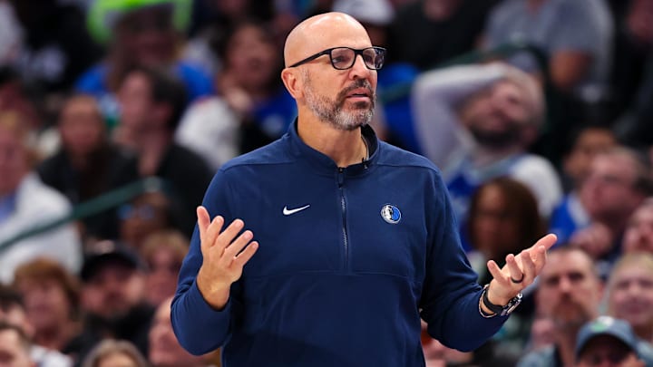 Mar 17, 2024; Dallas, Texas, USA;  Dallas Mavericks head coach Jason Kidd  reacts during the second quarter against the Denver Nuggets at American Airlines Center. Mandatory Credit: Kevin Jairaj-Imagn Images