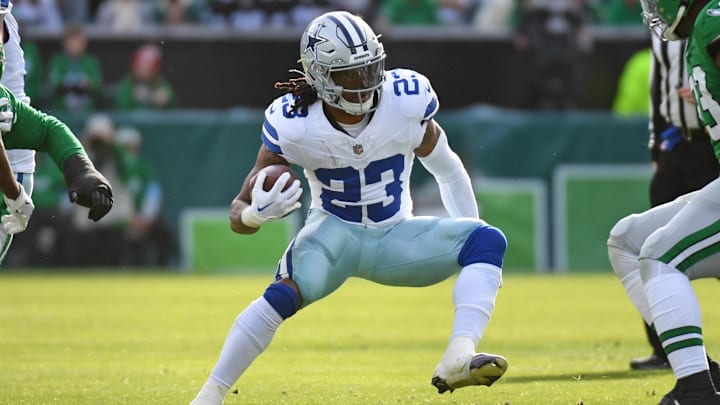 Dec 29, 2024; Philadelphia, Pennsylvania, USA; Dallas Cowboys running back Rico Dowdle (23) against the Philadelphia Eagles at Lincoln Financial Field. Mandatory Credit: Eric Hartline-Imagn Images
