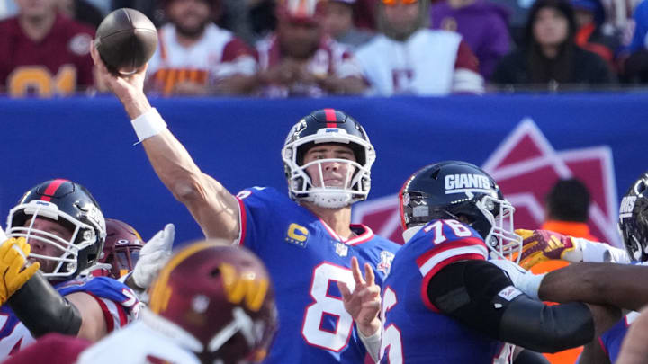 New York Giants quarterback Daniel Jones throws against the Washington Commanders during the first half at MetLife Stadium in East Rutherford, N.J., on Nov. 3, 2024.