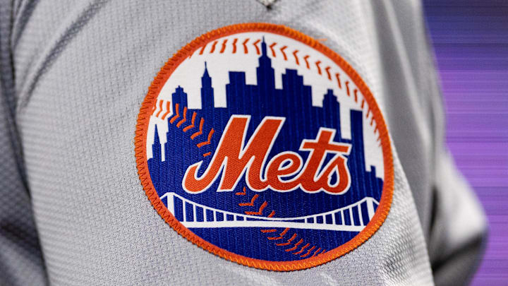 May 15, 2024; Philadelphia, Pennsylvania, USA; New York Mets logo on the sleeve of J.D. Martinez during a game against the Philadelphia Phillies at Citizens Bank Park. Mandatory Credit: Bill Streicher-Imagn Images