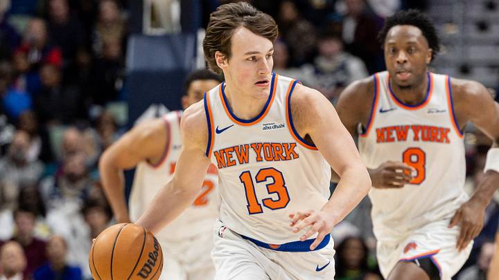Dec 29, 2025; New Orleans, Louisiana, USA;  New York Knicks guard Tyler Kolek (13) brings the ball up court against the New Orleans Pelicans during the first half at Smoothie King Center. Mandatory Credit: Stephen Lew-Imagn Images