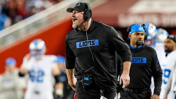 Detroit Lions head coach Dan Campbell reacts to a play against San Francisco 49ers.