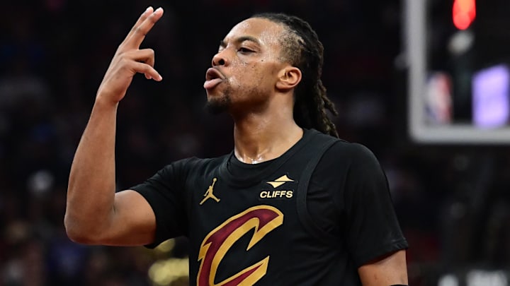 Nov 15, 2024; Cleveland, Ohio, USA; Cleveland Cavaliers guard Darius Garland (10) celebrates after hitting a three point basket during the first half against the Chicago Bulls at Rocket Mortgage FieldHouse. Mandatory Credit: Ken Blaze-Imagn Images