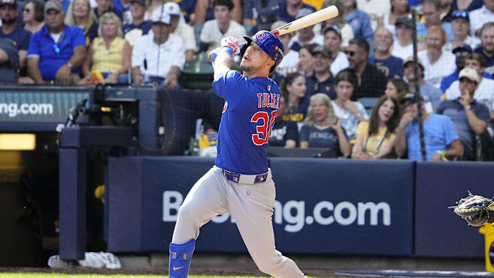 Oct 4, 2025; Milwaukee, Wisconsin, USA; Chicago Cubs designated hitter Kyle Tucker (30) flies out against the Milwaukee Brewers during the sixth inning of game one of the NLDS round for the 2025 MLB playoffs at American Family Field. Mandatory Credit: Michael McLoone-Imagn Images Oct 4, 2025; Milwaukee, Wisconsin, USA; Chicago Cubs designated hitter Kyle Tucker (30) flies out against the Milwaukee Brewers during the sixth inning of game one of the NLDS round for the 2025 MLB playoffs at American Family Field. Mandatory Credit: Michael McLoone-Imagn Images