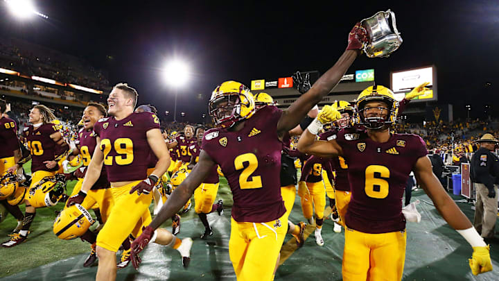 Arizona State Sun Devils wide receiver Brandon Aiyuk (2) holds up the Territorial Cup trophy after defeating Arizona 24-14 at the 93rd Duel in the Desert on Nov. 30, 2019, in Tempe.

Arizona Wildcats Vs Arizona State Sun Devils