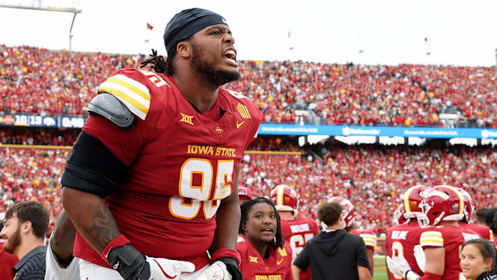 Sep 6, 2025; Ames, Iowa, USA; Iowa State Cyclones defensive lineman Domonique Orange (95) reacts late in the second half against the Iowa Hawkeyes at Jack Trice Stadium.  