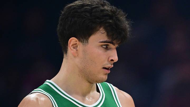 Oct 8, 2026; Cleveland, Ohio, USA;  Boston Celtics head coach Joe Mazzulla talks with guard Hugo Gonzalez (28) during the first half of a preseason game against the Cleveland Cavaliers at Rocket Arena.  Mandatory Credit: David Dermer-Imagn Images