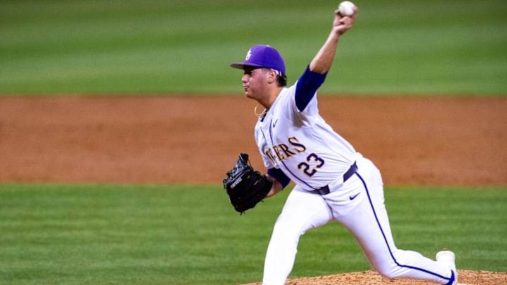 Tigers starting pitcher Gage Jump 23 on the mound as the LSU Tigers take on the Vanderbilt Commodores at Alex Box Stadium in Baton Rouge LA. Friday, April 5, 2024.