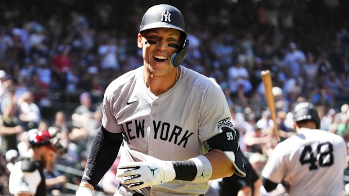 New York Yankees' Aaron Judge (99) reacts after hitting a two-run home run against the Arizona