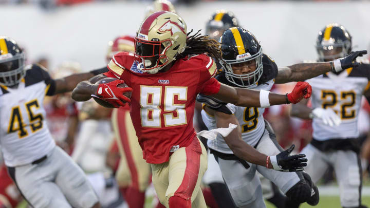 Birmingham Stallions receiver Deon Cain, runs for a a gain in the second half against the Pittsburgh Maulers during the USFL Championship Game at Tom Benson Hall of Fame Stadium, Saturday, July 1, 2023, in Canton. Birmingham Stallions receiver Deon Cain, runs for a a gain in the second half against the Pittsburgh Maulers during the USFL Championship Game at Tom Benson Hall of Fame Stadium, Saturday, July 1, 2023, in Canton.