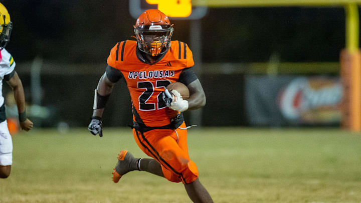 D'shaun Ford runs the ball as the Opelousas High Tigers take on the Cecilia Bulldogs. Friday, Oct. 25, 2024.