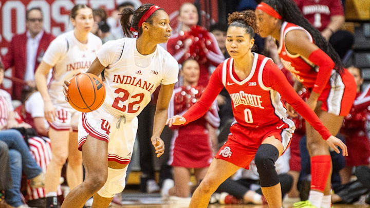 Indiana's Chloe Moore-McNeil (22) works against Ohio State's Madison Greene (0) during the Indiana versus Ohio State womens basketball game at Simon Skjodt Assembly Hall on Thursday, Feb. 20, 2025. Indiana's Chloe Moore-McNeil (22) works against Ohio State's Madison Greene (0) during the Indiana versus Ohio State womens basketball game at Simon Skjodt Assembly Hall on Thursday, Feb. 20, 2025.