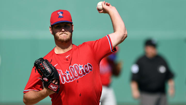 Feb 27, 2020; Fort Myers, Florida, USA; Philadelphia Phillies starting Cole Irvin (47) warms-up before the fourth inning during the game against the Boston Red Sox at JetBlue Park Feb 27, 2020; Fort Myers, Florida, USA; Philadelphia Phillies starting Cole Irvin (47) warms-up before the fourth inning during the game against the Boston Red Sox at JetBlue Park