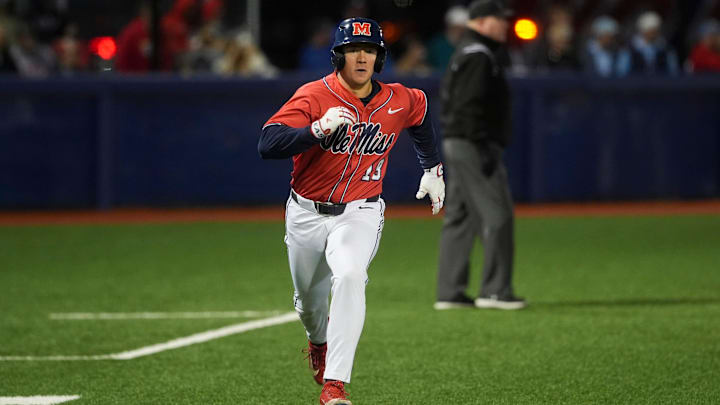 Ole Miss' Ryan Moerman (18) runs towards home during the game between Ole Miss and the University of Memphis at FedExPark in Memphis, Tenn., on Tuesday, April 8, 2025.