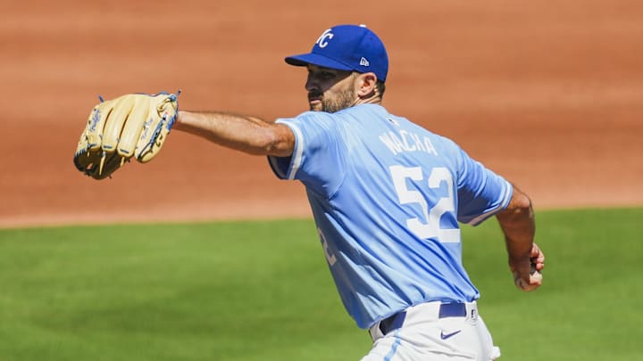Sep 8, 2024; Kansas City, Missouri, USA; Kansas City Royals starting pitcher Michael Wacha (52) pitches during the third inning against the Minnesota Twins at Kauffman Stadium. Mandatory Credit: Jay Biggerstaff-Imagn Images Sep 8, 2024; Kansas City, Missouri, USA; Kansas City Royals starting pitcher Michael Wacha (52) pitches during the third inning against the Minnesota Twins at Kauffman Stadium. Mandatory Credit: Jay Biggerstaff-Imagn Images