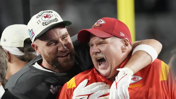 Feb. 12, 2023: Andy Reid and Travis Kelce celebrate the Kansas City Chiefs' win over the Philadelphia Eagles in Super Bowl LVII at State Farm Stadium in Glendale, Arizona.